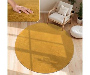Paco Home Tapis De Salon Poils Ras Lavable Monochrome Style Moderne Jaune Moutarde Jaune Jaune 120 cm rond