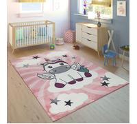 Paco Home Tapis Enfant Chambre Enfant Filles Moderne Licorne Sur Nuages Rose Violet Rose 133 cm carré