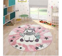Paco Home Tapis Enfant Chambre Enfant Filles Moderne Licorne Sur Nuages Rose Violet Rose 200 cm rond
