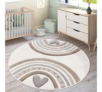 Paco Home Tapis Enfant Tapis Chambre Enfant Fille Garcon Arc-en-Ciel Coeur 3D Beige Crème, Dimension:120 cm Rond