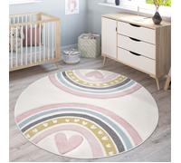 Paco Home Tapis Enfant Tapis Chambre Enfant Fille Garcon Arc-en-ciel Coeur 3D Rose Crème Rose 120 cm rond