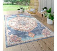 Paco Home Tapis Exterieur Terrasse Balcon Tapis Cuisine Motif Oriental Bordure Bleu Beige 160 cm rond