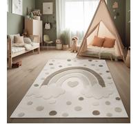 Paco Home Tapis pour Enfants Tapis de Jeu Moderne Chambre d'enfant Effet 3D Tons naturels Velours Doux Robuste & Facile d'entretien Motif Arc-en-Ciel Crème Sable, Dimension:80x150 cm