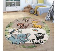 Paco Home Tapis pour Enfant Jungle Animaux Beige Crème, Dimension:120 cm Rond