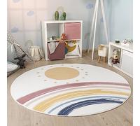 Paco Home Tapis Rond Chambre Enfant Bebe Fille Garcon Arc-en-Ciel Lavable en Machine Moderne, Dimension:100 cm Rond, Couleur:Blanc