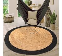 Paco Home Tapis De Salon Rond Fait Main Poils Ras Bordure Motif Moderne Beige Noir 80 cm rond