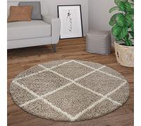 Paco Home Tapis Rond Salon Shaggy Moderne Tapis Poils Longs Scandinave Motif Diamant, Dimension:120 cm Rond, Couleur:Beige