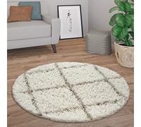 Paco Home Tapis Rond Salon Shaggy Moderne Tapis Poils Longs Scandinave Motif Diamant, Dimension:120 cm Rond, Couleur:Crème-Beige