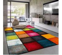 Paco Home Tapis Salon Chambre Poils Ras Abstrait Geometrique Carreaux Gris Jaune Rouge 60x110 cm