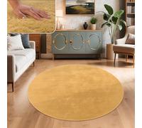 Paco Home Tapis Salon Fausses Fourrures Doux Lavable Moderne Élégant Facile À Entretenir Effet Fourrure Uni Brillant Douillet À Poils Longs, Dimension:80 cm Rond, Couleur:Jaune