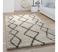 Paco Home Tapis Shaggy Tapis De Salon Poil Long Moderne Boho Scandinave Motif Diamant, Dimension:120 cm Rond, Couleur:Crème