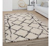 Paco Home Tapis Shaggy Tapis De Salon Poil Long Moderne Boho Scandinave Motif Diamant, Dimension:160 cm Rond, Couleur:Crème Anthracite 2