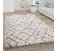 Paco Home Tapis Shaggy Tapis Salon Scandinave Motif Diamant Tapis Vintage Crème Beige 80 cm rond