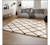 Paco Home Tapis Shaggy Tapis De Salon Shaggy Poil Long Motif Diamant Scandinave Moderne, Dimension:80x150 cm, Couleur:Crème 2