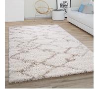 Paco Home Tapis Shaggy Tapis Salon Poil Long Motif Diamant Scandinave Moderne Crème Beige 80 cm rond