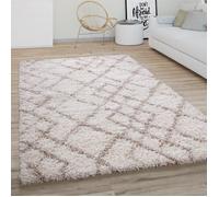 Paco Home Tapis Shaggy Tapis Salon Scandinave Motif Diamant Tapis Vintage Crème Beige 80 cm rond