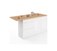 PACO Ilot central mange-debout 4 personnes 180 cm casserolier 3 tiroirs 2 portes blanc plan de travail hêtre