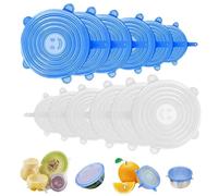 PacuM 12 Pièces Couvercle Silicone Extensible Ronds Couvercles en Silicone Réutilisables Universels Couvre Plat Elastique Alimentaire pour Bocaux, Bocaux à Miel, Fruits, Bols (Bleu+Blanc)