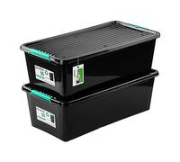 PAFEN 2x Boîte de rangement sur roues Ligne éco 55l - 76,5x39,5x25,5cm - Boîtes Rangement Bacs gerbables avec clips de fermeture Bacs plastiques Boîtes à vêtements Organiseur | Noir