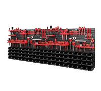 PAFEN Système de rangement mural à outils, 2308 x 780 mm, lot de porte-outils et 84 boîtes empilables noires, étagère murale, étagère d'atelier, panneau perforé, étagère à bacs, boîtes de rangement