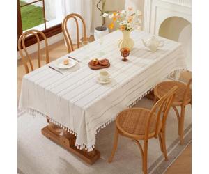 Pahajim Nappe Carrée Anti Tache Coton et Lin Nappe Impermeable Elegante Table Cloth pour Décoration Cuisine,Table Basse,Restaurant(Blanche Rayée,140 x 140cm)