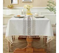 Pahajim Nappe Rectangulaire Anti Tache Coton et Lin Nappe de Table Lavable Tissu avec Franges Table Cloth Elegante pour Décoration,Cuisine,Exterieur Jardin(Beige,140x220cm)