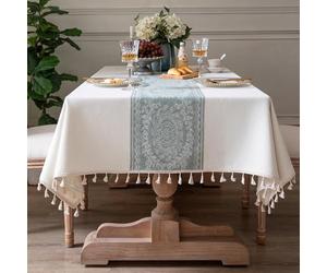 Pahajim Nappe Rectangulaire Anti Tache Lin et Coton Nappe de Table Lavable Imperméable Nappes Blanche Tissu pour Exterieur Jardin, Cuisine, Table Basse (140 x 220 cm)