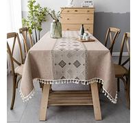 Pahajim Nappe rectangulaire en coton et lin lavable - Motif à pompons - Pour table basse, maison, cuisine, table à manger - Marron - 140 x 260 cm