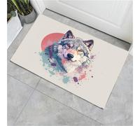 Paillasson à Loup À L'Encre Éclaboussante Lavable d'intérieur, à Poils Courts, Tapis Style Animaux À L'Aquarelle Gris clair, 90x150cm, Pliable Antidérapant, Idéal pour Porte d'entrée Cuisine Patio