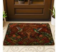 Paillasson antidérapant avec motif colibri - Motif arbre rustique - Fleurs printanières - Marron - Attrape la saleté - Pour sol, porte d'entrée, terrasse - 73,7 x 43,2 cm