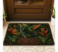 Paillasson antidérapant avec motif colibri - Nature tropicale - Plantes tropicales - Cascade - Vert - Décoration d'intérieur pour entrée, extérieur, porche, balcon - 73,6 x 43,2 cm