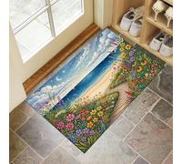 Paillasson Attrape-Poussière Paysage Méditerranéen De Rêve, Tapis De Sol Antidérapant Lavable En Machine Fleur Du Ciel Étoilé, Tapis D'Entrée Douces Pour Chien Entrée Porte, Bleu-Vert, 90X150Cm