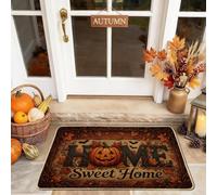 Paillasson citrouilles Jack-o'-Lantern Autumn Home Citation Welcome 73 x 43 | Texture bois rustique, tapis d'entrée, motif Jack-o'-lanterne, motifs feuilles d'automne, dos en caoutchouc antidérapant