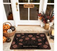 Paillasson de bienvenue à fleurs, élégant, citrouilles saisonnières, crâne, Halloween, noir, lavable, profil bas pour sol, maison, intérieur, extérieur, entrée, porche, décoration, 73,6 x 43,2 cm