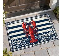 Paillasson de bienvenue avec motif homard, rayures côtières nautiques, coquillages, rouge, lavable, profil bas, pour maison, bureau, extérieur, intérieur, entrée, décoration, 73,6 x 43,2 cm