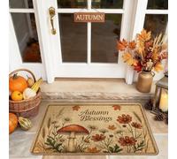 Paillasson de bienvenue en forme de champignon, feuilles naturelles rustiques, citrouilles, marron automne, tapis d'entrée lavable pour maison, intérieur et extérieur, décoration de porche, 73,6 x