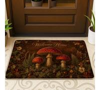 Paillasson de bienvenue en forme de champignon, fleur de fougère rustique d'automne - Marron - Lavable - Profil bas - Décoration extérieure pour porte d'entrée, terrasse - 73,6 x 43,2 cm