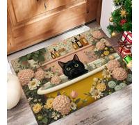 Paillasson De Lavable Jardin Rétro Pour Animaux, Chat Noir Fleurs Sauvages Baignoire Tapis De Porte Avant Intérieur, antidérapant flanelle pour La Cuisine,Le Jardin, L'Entrée45x75cm, Jaune Rose
