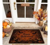 Paillasson Happy Halloween chauve-souris et lanternes Jack O 73,7 x 43,2 cm | Paillasson avec inscription « Happy Halloween », chauve-souris volante, citrouilles sculptées lumineuses