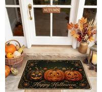 Paillasson Happy Halloween Jack-O'-Lanterns Welcome 73,6 x 43,2 cm | Bordures de volute, tapis d'entrée, salutations saisonnières effrayantes, décoration de porche d'automne
