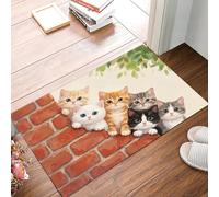 Paillasson Imprimé Chat Amusant Contre Mur Briques Avec Envers En Tpr Antidérapant, Tapis Absorbant 60X90Cm Animaux Ruraux L'Aquarelle Pour Entrée Extérieure Intérieur Lavable En Machine Tapis, Crème