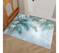 Paillasson Intérieur Aiguilles De Palmier Motifs Floraux 45 x 75 cm Tapis Entree Interieur Plantes Tropicales Vintage, Profil Bas, Antidérapant, Tapis Pour Entrée, Lavable, Cuisine, Couloir, Bleu-Vert