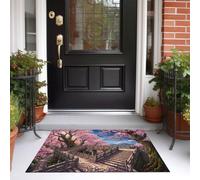 Paillasson Intérieur Cerisier En Fleurs Marches En Pierre 80 x 120 cm Tapis Entree Interieur Style Anime Japonais, Profil Bas, Antidérapant, Tapis Pour Entrée, Lavable, Cuisine, Couloir, Rose