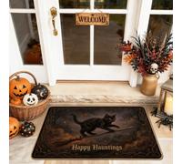 Paillasson motif chat bienvenue, balai effrayant, citrouilles, Halloween, noir, antidérapant, attrape la saleté, décoration extérieure pour porte d'entrée, terrasse, 73,6 x 43,2 cm