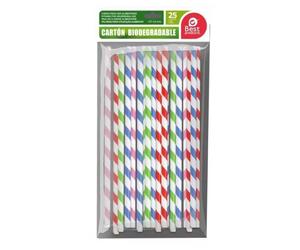 Pailles en carton - JUINSA - Lot de 25 - 19 cm - Rayées - Biodégradables