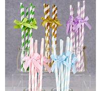 Pailles en papier décorées de nœuds pailletés, pailles en papier rayées roses avec nœuds en ruban, pailles en papier rayées mignonnes de style dessin animé, pailles à boire rayées avec nœuds, convenan