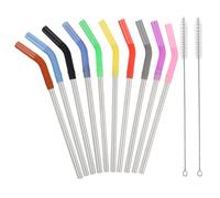 Pailles Réutilisables 12 Pièces Embout Silicone | Faciles à Nettoyer, Couleur Aléatoire Goût Métallique, Antirouille Brosse Incluse pour Boisson Chaude ou Froide