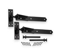 Paire de charnières robustes à crochet et bande réglables de 300 mm en finition époxy noire - Kit de fixation de portail de jardin idéal pour portails en bois, portes de garage et abris de jardin