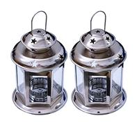 Paire de lanternes à bougies suspendues en verre de style européen antique avec cadre en métal étoilé, bougeoir, lampe de nuit, décoration romantique pour Noël, mariage, fête - Emballage d'origine