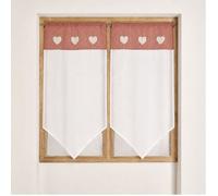 Home Maison - Paire de Petits Voilages en Étamine avec Parement Vichy - Polyester - Ourlet Passe Tringle - Appliques Cœur en Fausse Fourrure - Fenêtre Salon Chambre Cuisine - 60 x 120 cm - Blanc